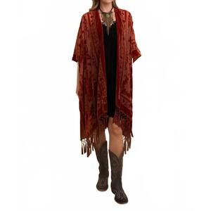 NEW LETO bestselling velvet mesh tapestry tassel kimono in rust